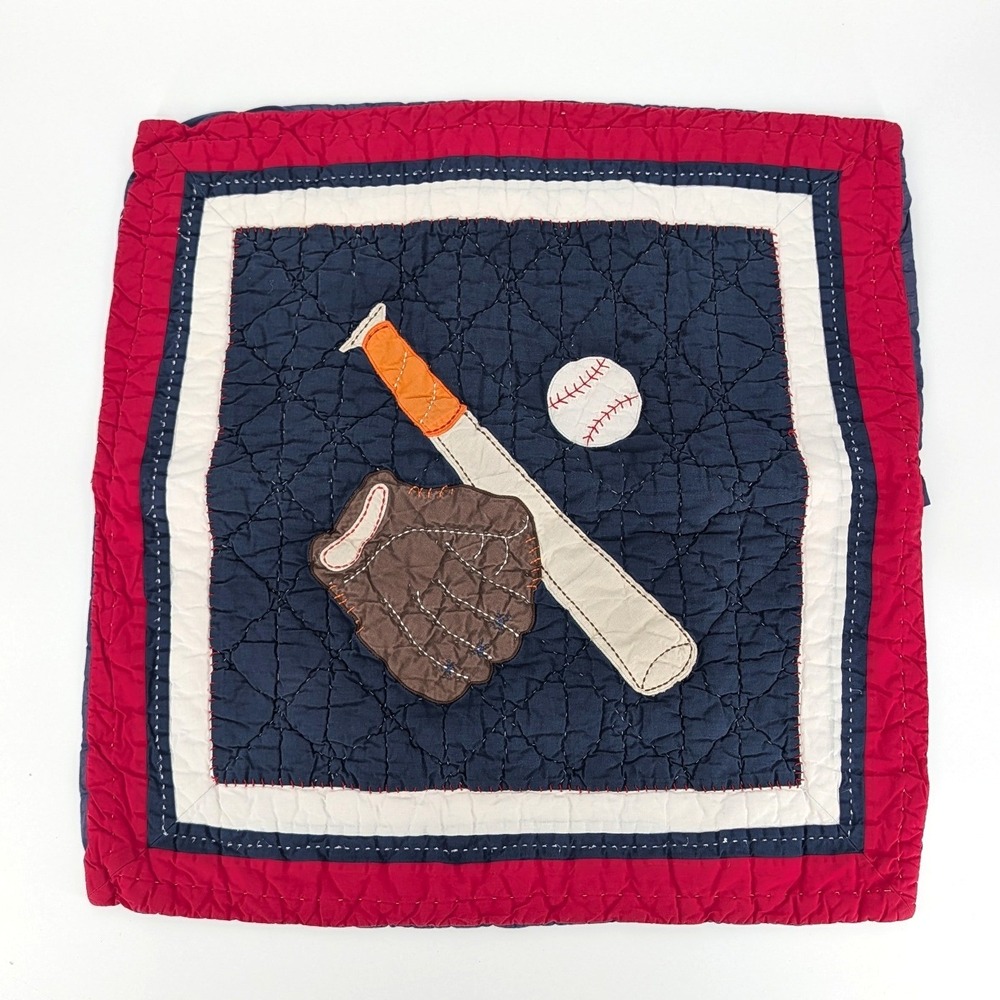 Pottery Barn Kids Baseball Sports Quilted Pillow Sham Navy Red Applique 26x26